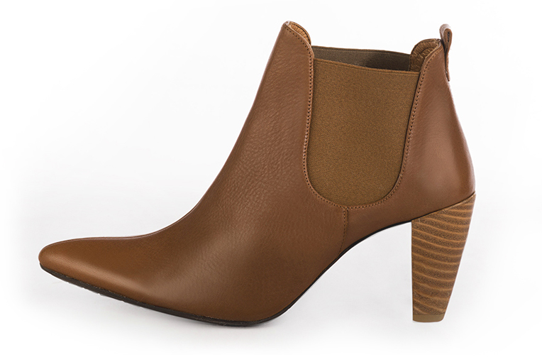 Caramel brown women's ankle boots with buckles. Tapered toe. High cone heels. Profile view - Florence KOOIJMAN